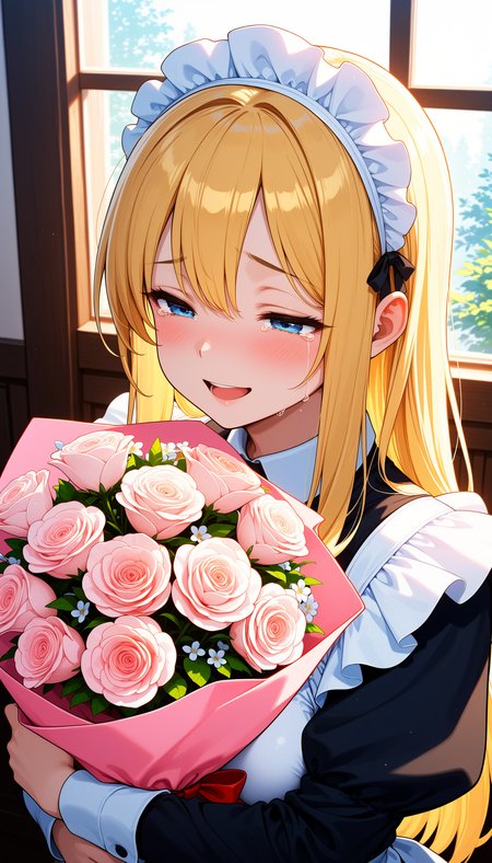 detailed,masterpiece,best quality,amazing quality, 1girl, adult female, blonde hair, long hair, blue eyes,  maid, half-closed eyes, happy, tears, bouquet, valentine,  close-up,  indoors,