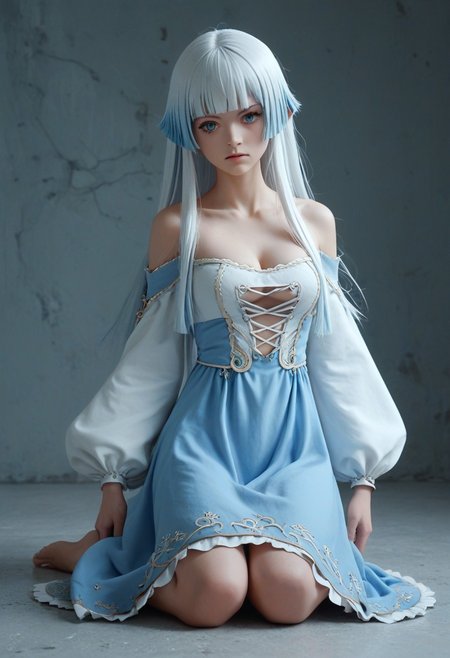<lora:XilingJiyuan:1>,  score_9, score_8_up, score_7_up, score_6_up, score_5_up, score_4_up, source_anime,  , dynamic pose,  Pandora, long hair, blue eyes, dress, blue hair, collarbone, white hair, medium breasts, blunt bangs, clothing cutout, cleavage cutout, hime cut,off shoulders, things, no shoes