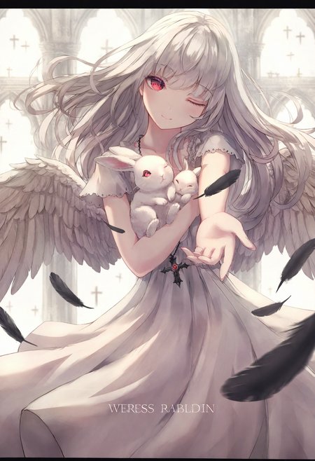 <lora:miss1_noob1.1-000184:0.9>,
1girl, red eyes, long hair, letterboxed, white hair, wings, feathers, solo, one eye closed, cross, rabbit, english text, dress, smile,
masterpiece,best quality,newest,absurdres,highres,very awa,