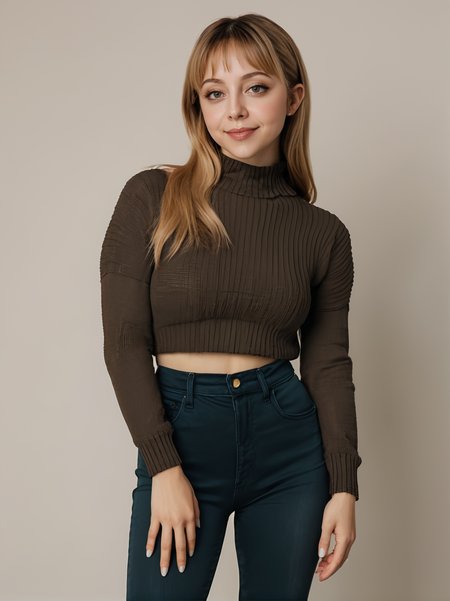 30yo felicitysynthxl, full body, standing, neutral background, sultry,
wearing a tight knit sweater