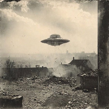 B&W 35mm vintage photo of a UFO in a WW2 picture, destroyed city backdrop