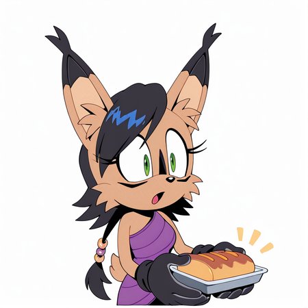 <lora:nicole_lynx_illustrious-000010:1>,  (masterpiece), (best quality), (ultra-detailed), amazing quality, very aesthetic, illustration, perfect composition, intricate details, absurdres, incredibly absurdres, <lora:TMoStH-Illustrious:1> tmosth,  (flat color, black shading, sloppy coloring), hatching \(texture\) nicole the lynx, 1girl, open mouth, simple background, gloves, 1boy, white background, holding, green eyes, food, sonic the hedgehog \(series\), furry, furry female, black hair, animal ears, animal nose, animal ear fluff, solo, solo focus, body fur, brown fur, facial markings