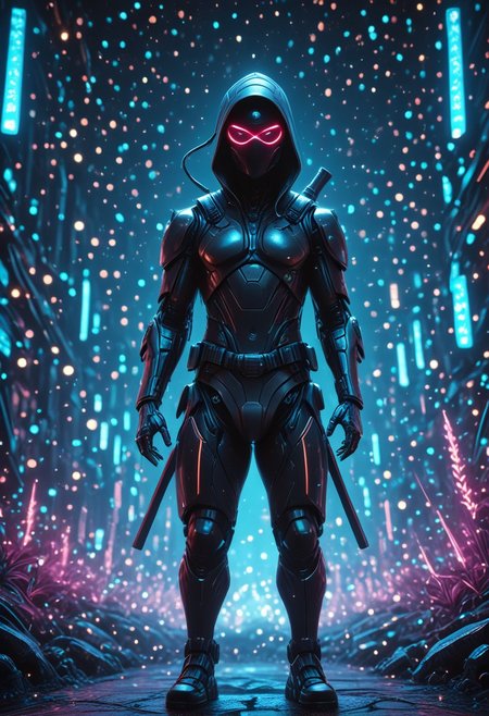 A hyperrealistic 35mm photo of a ninja, bokeh, from_side, depth of field, simple background, masterpiece, absurdres, vibrant,  creepy miniworld setting, dynamic angle, dynamic pose, dramatic light, highly detailed, high resolution textures, ultra high resolution, futuristic, biomech vibes, mobe-cybideen,