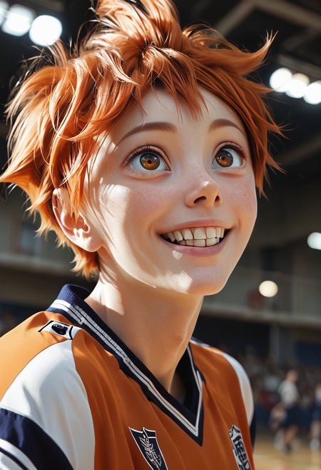 score 9, score 8, score 7, score 6, film grain, indoor, gym, camera angle, 1 boy, solo, hinata shoyo, orange hair, orange eyes, volleyball uniform, smile, looks up at the viewer <lora:shounen_zoomXL_ot_v4d-AMXL_V2 Score:0.95> <lora:Hinata_Shoyo:0,75>