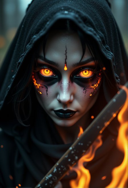 Horror-themed сlose-up. The battle witch. (katana flaming sword in front of you, shiny metal:1.3). (black gaping eyes, fire in the eyes:1.2). (black-fire pupils:1.2). Black veins, black lips and black mouth paint. Pale gray face, pale dry lips. Glare, flying particles of flame and embers. Scary and mystical atmosphere.
 <lora:DarksunRiddV4:1> 
<lora:New_Fantasy_CoreV4_FLUX:1>
 <lora:FL-bailing-24-0906Fire Spirit:0.7> bailing_fire, A girl made entirely of flames stands. Eerie, unsettling, dark, spooky, suspenseful, grim, highly detailed