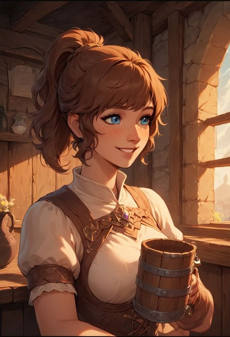 score_9, score_8_up, score_8_up, 1girl, sexy 20yo white caucasian girl, happy, smiling, friendly, girl drinking ale from mug, (((fantasy adventurer))),  (brown hair), ponytail, bangs, sidelocks, short hair, freckles, blue eyes(medium breasts;1.3)  narrow source comic book, pastel colors, high res image, masterpiece, fantasy tavern