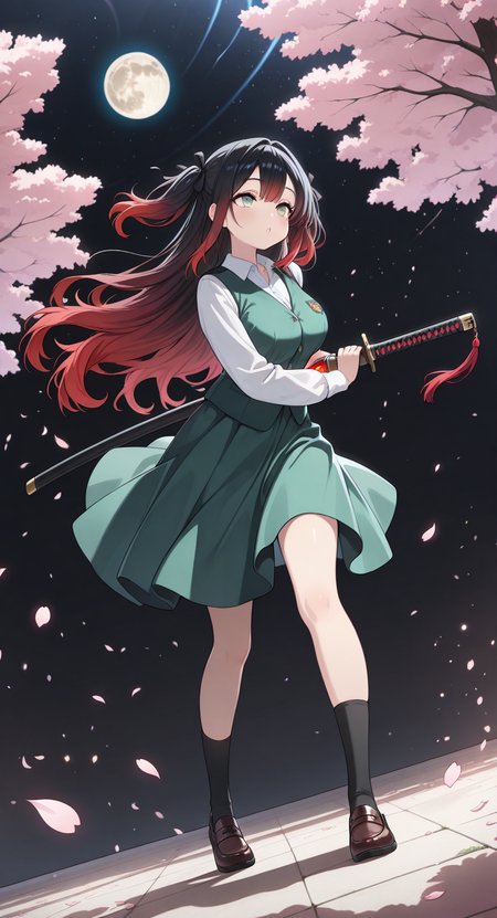 masterpiece, cute, lovely, newest, absurdres, (best quality:1.3), amazing quality, very aesthetic, 1girl, solo, high_resolution, hq, 4k, BREAK. high gradient eyes, long hair, green eyes, (red and black hair),very long red hair, streaked hair, multicolored hair, gradient hair, two side up, sidelocks, very cute, light particles, cute details, cute colors, mature woman, (big_breasts:0.6), BREAK, 
hairband, hair ribbon, black ribbon, white shirt, collared shirt, green vest, green skirt, socks, beautiful face, beautiful eyes, glossy lips, glossy hair, (full body:1.1), (release particles light:1.1), (floating particle light:1.1), rainbow glowing aura body, rainbow magic array, accurate anatomy,
BREAK 
katana, (detailed katana:1.2), sheath, drawing a katana, unsheathing a katana, (battoujutsu stance:1.1), dynamic pose, fighting stance, ready to draw,
BREAK
cherry blossom tree, cherry blossoms, blowing in the wind, windy, midnight, moon light, (soft lighting:1.1), stars, vivid colours, gradient color, tense atmosphere, illuminated face, cinematic angle, dutch angle, dynamic angle