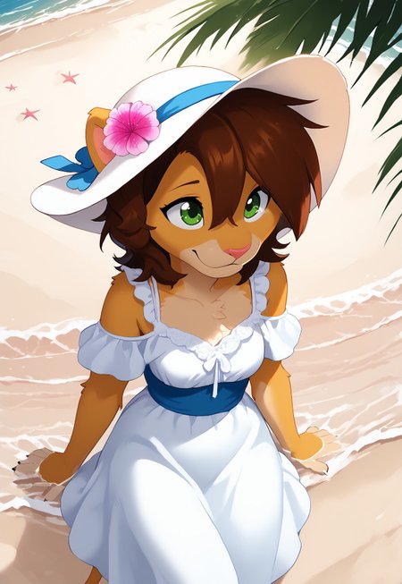 score_9, score_8_up, score_7_up, score_6_up, high detail, 4k, high resolution, good_hands, Detailed background, beach, dynamic angle, well lit, (Keiko, 1girl, solo, brown hair, furry, female, green eyes, hairband, hair ornament, hair flower, body fur, short hair, bangs, lion ears, 18yo),  casual exposure, clothed, clothing, countershading, dress, beach hat