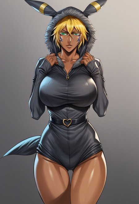 masterpiece, score_9, score_8_up, score_7_up, score_6_up, source_manga, colored, 
1girl, human, sexy face, huge breasts, 
tier harribel, dark skin, yellow hair, facial mark, green eyes, colored eyelashes,
ears, hood up, onesie, tail, knee high socks, umbr30n,
solo, standing, looking at viewer, cowboy shot, front view,