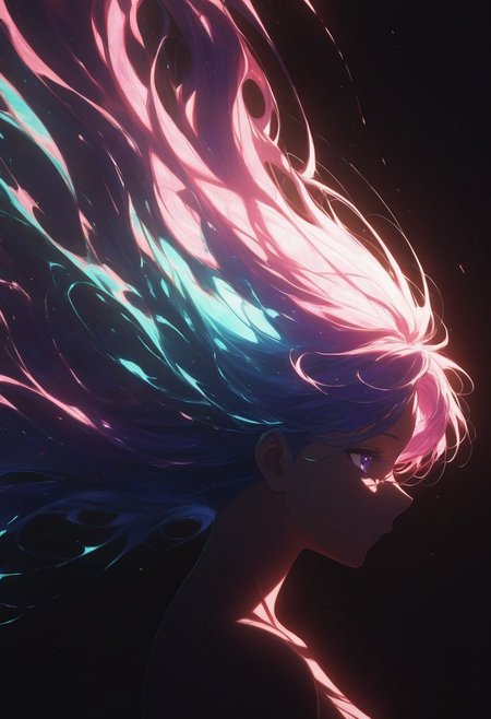(masterpiece), (best quality), (ultra-detailed), 
Silhouette of a young woman, profile view, with vibrant, stylized features. Dark, flowing hair with streaks of hot pink, contrasted against a backdrop of swirling, teal and magenta abstract forms. The woman's expression is serene, her gaze directed off to the side. Dark, solid forms create her silhouette. Vibrant teal and magenta abstract shapes swirl around her, creating a dynamic, almost ethereal atmosphere. Deep blacks and dark blues dominate the color palette. Bright magenta and teal highlights add a pop of color, and create a striking contrast. The composition emphasizes the silhouette and the surrounding abstract design, suggesting a dreamy, futuristic, or anime-inspired aesthetic. The piece utilizes a bold, expressive style reminiscent of graphic design and anime art. Texture appears fluid, with abstract, painterly brushstrokes that suggest movement and energy. Atmospheric lighting creates a strong contrast between light and shadow, emphasizing the silhouette. The perspective is a three-quarter profile shot, focusing on the woman's features and posture. Style: stylized, dynamic, painterly. Mood: contemplative, energetic,
