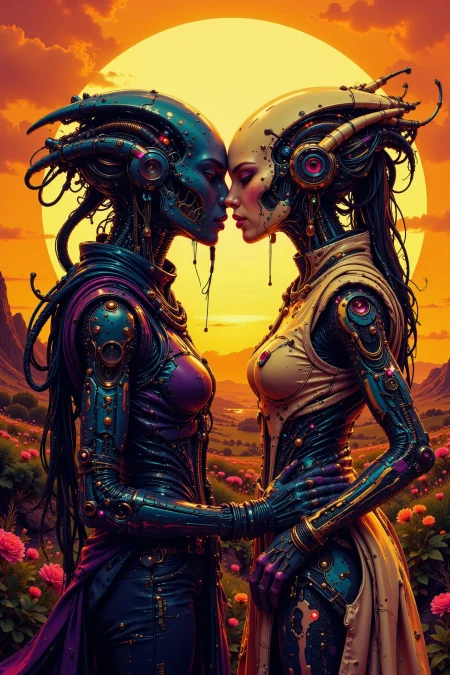 a woman kissing a female alien beautiful  landscape, golden hour, woman, very intricate, very detailed, sharp, bright, colorful, <lora:Hand v2:0.5> <lora:Anti-Blur:1><lora:Insane Detail Slider:0.25>  <lora:flux.1_lora_flyway_Epic-detail_v2:0.3> <lora:fluxenhancer:0.25> <lora:ck-Neon-Retrowave:0.4> ck-rw, in the style of ck-rw,  <lora:Neurocore Anime Cyberpunk:0.8> A digital artwork in the style of cknc
