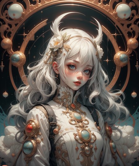 (masterpiece), (best quality), (vibrant light colors), intricate pattern, <lora:AnzhcDreamwave v3_1 watermark fix:1> anzhcdreamwave, aesthetic, canvas with red paint, 1girl, white hair, pale, creativity, white dress, hair ornament, dreamlike, <lora:more_details:0.5>