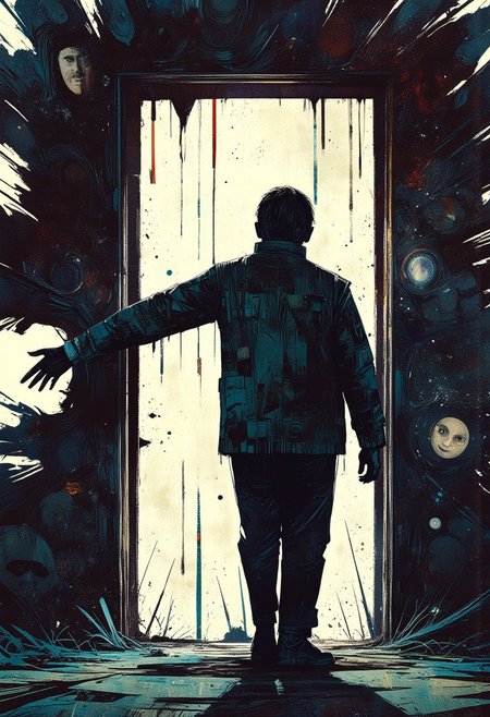 A glitch-art-inspired digital piece of a man stepping through a door. His body is morphing into jagged, pixelated distortions, his arm stretched unnaturally as if caught between two dimensions. The doorframe itself is morphing into a swirling vortex of code, fragments of his face visible within the digital chaos.
, ppstorybook, aidmamj6.1