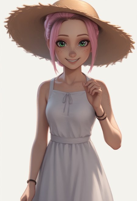 1girl, solo, Br00klynn, green eyes, freckles, pink hair, short hair, single hair bun, bracelet, sundress, sun hat, straw hat, <lora:Brooklynn - Camp Cretaceous-000010:1>,  looking at viewer, smile, score_9, score_8_up, score_7_up, cowboy shot, standing, white background, simple background,