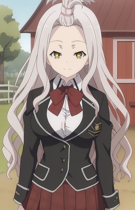 score_9, score_8_up, score_7_up, score_6_up, score_5_up, score_4_up, source_anime,looking at viewer, shiny skin, upper body, light smile, petite,ohwx, long_hair, grey_hair, yellow_eyes, white_hair, brown_eyes, bangs_pinned_back, topknot, breasts, very_long_hair, large_breasts, symbol-shaped_pupils,school_uniform, bow, jacket, blazer, bowtie, shirt, plaid, skirt, socks, red_bow, bangs_pinned_back, topknot, plaid_skirt, long_sleeves, red_skirt, red_bowtie, black_socks, pleated_skirt, kneehighs, black_jacket, collared_shirt, shoes, loafers, official_style, white_shirt, plaid_bow, ribbon, miniskirt, Traditional Japanese farmhouse in autumn, red maple trees around, warm and peaceful atmosphere,<lora:yui_kurata_pony_sobsynapse-000001:1>