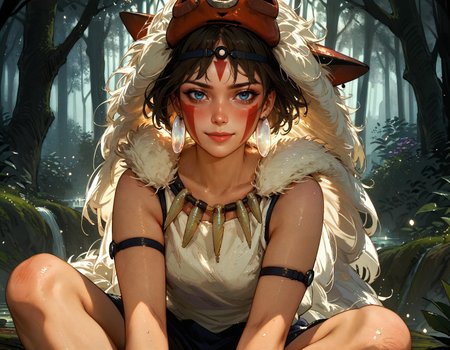 score_9, score_8_up, score_7_up, score_6_up, score_5_up, score_4_up,   san, 1girl, full body, sitting, solo, short hair, brown hair, gray eyes, headband, face paint, earrings, white sleeveless top, navy under dress, arm cuffs, fur headdress, fur cape, light-skinned female, female focus, looking at viewer, smiling, forest, (blush:1.1)