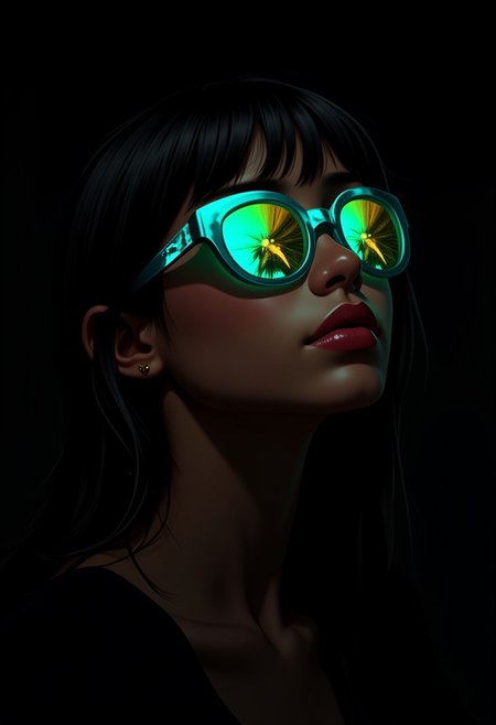 ffdac, a woman wearing glowing teal and gold sunglasses, beautiful, dark background, contrast of color and darkness