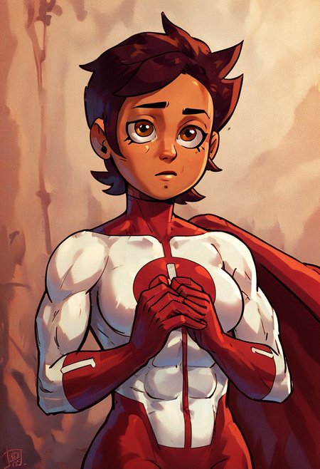 score_9, score_8_up, score_7_up 
   , masterpiece, beautiful,
Luz Noceda, brown hair, short hair, brown eyes, dark skin, medium breast, wide hips,
,Upper body,Omnimman,skintight suit, red O shaped chest emblem,red gloves,  red cape,  Muscle, flying, old japanese village background,