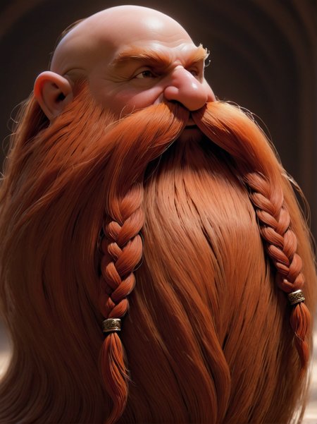 ultra detailed, masterpiece,  Harry_Dwarf,  dwarf-like, flowing long red beard, twirly moustache,bald, bangles, <lora:Harry_Dwarf_1.5:1>, back lighting, beautiful lighting,