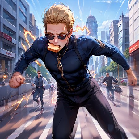 score_9, score_8_up, score_7_up, score_6_up, source_anime,<lora:albertwesker-guy-PONYv1:0.7> albertwesker, toned, athletic, fit, slicked back hair, mature male, sunglasses, long sleeves, blonde, black clothes,  <lora:Running_with_food_in_mouth:1> running with food in mouth, outdoors, street, toast, <lora:sparks-xl-v2:0.8> sparks <lora:Superspeed:0.8> electricity, motion blur, city, street