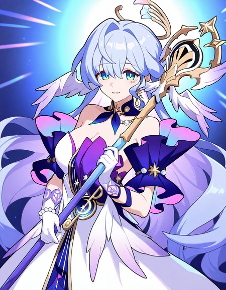 1girl, robin \(honkai: star rail\), 
worldflipper, solo, looking at viewer, dress, large breasts, white dress, short sleeves, strapless, bracelet, detached collar, strapless dress, gloves, bead bracelet, upper body, very long hair, bare shoulders, beads, aqua eyes, holding staff, breasts, halo behind head, head wings, jewel under eye, detached sleeves, cleavage, white gloves, holding, blue hair, purple collar, wings, parted lips, staff, smile, halo, necklace, long hair,
masterpiece, best quality, very aesthetic, newest, absurdres, incredibly absurdres
 <lora:worldflipper-000016:1.2>