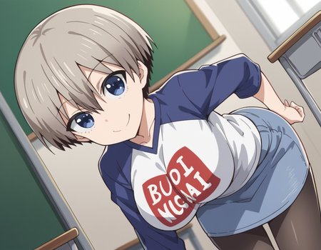 score_9, score_8_up, score_7_up, source_anime,
hanauzaki, <lora:hana-uzaki-s1-ponyxl-lora-nochekaiser:0.8>,
hana uzaki, short hair, blue eyes, large breasts, grey hair,
skirt, shirt, pantyhose, black pantyhose, denim, clothes writing, raglan sleeves, denim skirt, romaji text,
indoors, classroom, bent over, smile,
looking at viewer, cowboy shot, solo, dutch angle,