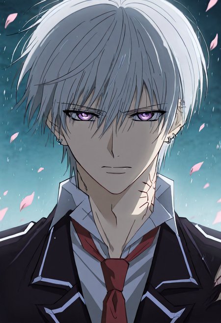 1boy, male focus, masterpiece, best quality, amazing quality, very aesthetic, absurdres, newest, masterpiece, ultra detailed, cinematic fantasy light, very awa, KiryuuVK, KiryuuVK_silver_hair, KiryuuVK_purple_eyes, KiryuuVK_neck_seal, KiryuuVK_school_uniform, KiryuuVK_white_shirt, KiryuuVK_red_necktie, KiryuuVK_earrings, KiryuuVK_piercing, standing alone at dusk under sakura trees, moody expression, tie slightly loose, torn paper sky, cherry blossom petals drifting, cool tone color grading, Portrait, close up, dynamic pose, dynamic angle, <lora:Vampire_Knight_Kiryuu_Zero:0.8>, <lora:detailed skin style illustriousXL v1:0.1> detailed