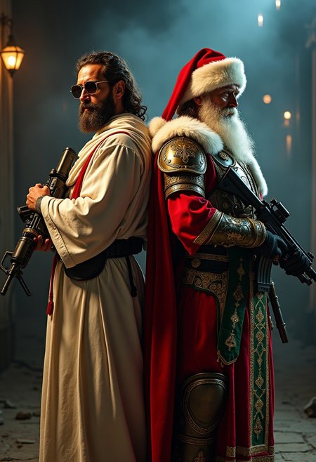 A captivating ultra-realistic photoshoot.  Two men posed back to back, standing defiantly like for an action movie poster.  The man on the right is a 60yo who looks like a cross between Zeus and Santa Claus, he is wearing heavy red and green and gold embossed armor decorated with a Christmas motif, war-santa is holding a RPG and a bandolier of heavy calibre .762 rounds.  The man on the left is Jesus posing with an Uzi in each hand and sunglasses, Jesus is wearing his traditional white robes under a bulletproof urban cammo lvl4 armor plate-carrier
  These war versions of Santa and Jesus stand together against all foes, they are badass and prepped for combat, spec ops trained elite fighters with SEAL and Ranger training, the deadly duo are ready for a Christmas of extreme urban warfare, epic, great lighting, dramatic night time scene, shadows, highest quality, perfect background, detailed masterpiece