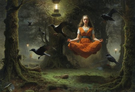 1girl, lotus pose, levitate, above mossy forest floor, trees, crows, rats, lantern, dark, night, oil painting, artwork  by  ridley scott  and Jan Vermeer, sidelight, perfect face, w1+ch, black forehead
 <lora:Witch_SDXL_r1:0.5> w1+ch, <lora:Dramatic Lighting Slider:0.9> <lora:Breast Size Slider:1.5>
 <lora:levitate-PNY-SDXL-SD15-Panache:1.1>