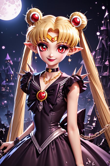 score_9, score_8_up, score_8, medium breasts, (curvy), cute, eyelashes,       BREAK, ,  ,,, <lora:CruelMoon_PDXL:0.8>, zzCruelMoon, long hair, twintails, tsukino usagi, blonde hair, jewelry, hair bun, double bun, sailor moon, very long hair, choker, chain, spikes, gothic, parted bangs, red eyes,  earrings, dress, makeup, holding, necklace, lipstick, black dress, pointy ears, night, ,,, , BREAK, smile, closed mouth, looking at viewer, cowboy shot, ,,, embedding:zPDXL, Expressiveh, ,,, <lora:BeautifulCAT_PDXL:0.8>, <lora:SDXLFaeTastic2400:0.5>, <lora:Expressive_H-000001:0.4>,