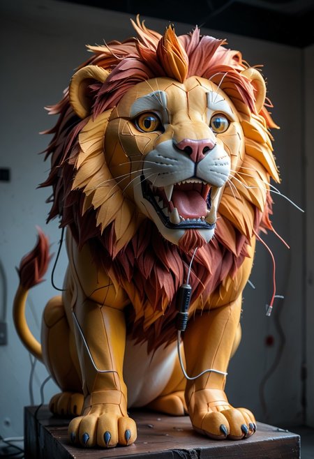 end_tripwire_morph, no humans, , teeth, lion made out of wire and electrical cables, tail, sharp teeth, , open mouth, solo, neon, wires, made of wires, cables, outlined with wires and neon, neon outlines, wire sculpture, neon wire sculpture, PonyXLV6_Scores