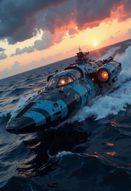 in the style of ck-mgs, in the style of cksc, a_skynet_cyberdyne_craft, the image is featuring a futuristic, highly advanced battle cruiser speeding rapidly over a stormy ocean, storm clouds, silhouetted, chiascuro, sunset. The hovercraft is painted in camouflage blue and black, and the cockpit shows glowing led lights, and has a large air intake, dutch angle, the image slanted diagonally, motion blur