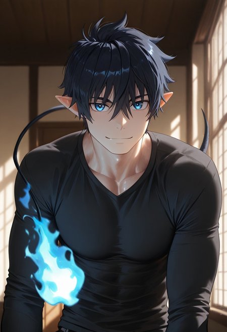 //General, masterpiece,best quality,amazing quality, source_anime, intricately detailed illustration, very aesthetic, absurdres, newest, anime coloring, subsurface scattering, , natural lighting, Expressiveh, detailed skin, shiny skin,aesthetics light, depth of field, vibrant colors,
//Fashion, black shirt, long sleeves, 
//Background, castle interior, indoors, snow background outside the window, 
//Others, 1boy, male focus, solo male, manly body, 
//Action, looking at viewer,  light smile, close up, upper body,
BREAK,
rin_okumura, black hair, blue eyes, short hair, pointy ears, hair between eyes tail blue fire