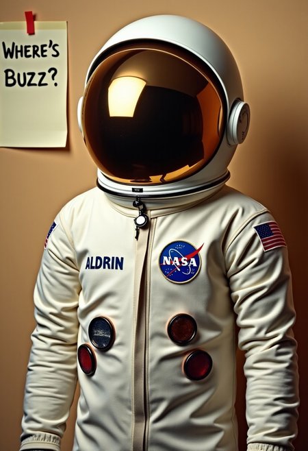 A perfect close-up photograph of a NASA astronaut suit from 1960s. We can see clearly the NASA logo and the name ALDRIN on the chest. The suit is appears full but there is nobody behind the helmet. The helmet reflects perfect studio lightning. The background is a beige wall. Next to the suit on the wall we can see a large post-it note with the text "WHERE'S BUZZ?" written by hand. Best quality, retro photography, studio photography, 35mm, film grain