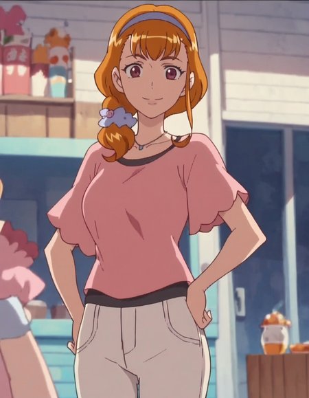 score_9, score_8_up, score_7_up, anime screencap, solo,1girl,asahinakyouko, hairband,necklace, jewelry, pants, smile, shirt, looking at viewer, pink shirt,  short sleeves,cowboy shot,large breasts,wide hip,<lora:asahinakyouko:0.8>