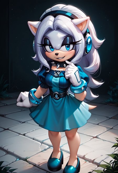 score_9, score_8_up, score_7_up, score_6_up, g0thicPXL, 1girl, 1girl, solo, goth girl, maria_robotnik, sonic_(series), hedgehog_girl, eyeliner, eyeshadow, blue eyes, long blond hair, hairband, black lips, seductive smile, pretty face, spiked collar, white_gloves, blue dress, puffy sleeves, medium skirt, shoes, blue foot wear, sexy pose, smile, grin, cute, sexy pose, lewd expression, wide hips, medium breasts, standing, biting one of her nails.