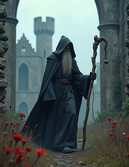 wizard wearing a dark cloak, large old wooden staff in hand, walking around in the ruins of a castle, cloudy, mysterious, dying flowers on the ground , dark fantasy