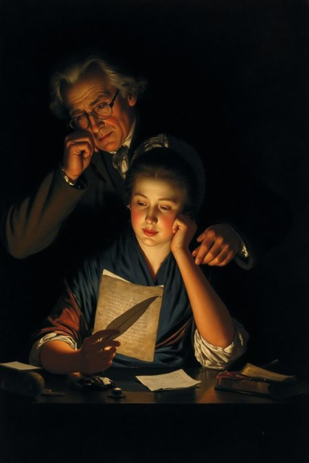 josephwright1 painting. 
A young woman sits at a table in a dimly lit room, illuminated by a single light source. She is reading a piece of paper she holds. She wears a dark blue garment with a white collar and has a focused expression. On the table are several pieces of paper, a quill pen, and a small book or document. Behind her, an elderly man wearing glasses leans forward, resting his hand on her shoulder with a concerned expression. The lighting creates a dramatic contrast. <lora:josephwright1_cap_d6a3e12:1.0><lora:849099507307180879:0>