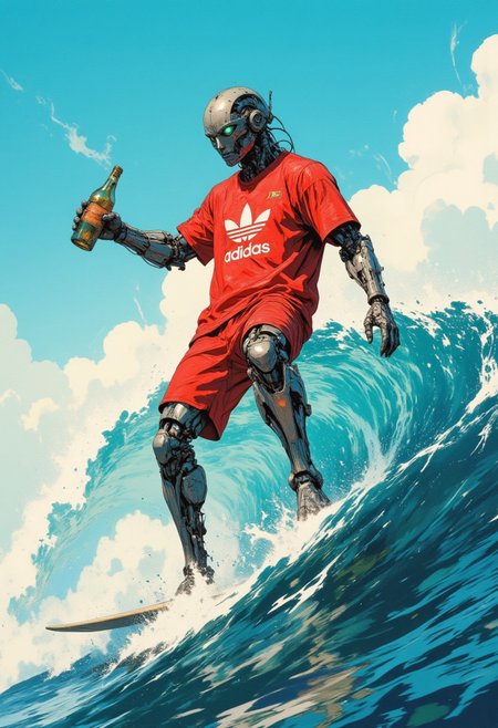 A futuristic humanoid droid surfing on a vibrant wave under a bright blue sky, wearing modern streetwear (red Adidas shirt and sports shorts). The robot is holding a bottle, embodying a playful and stylish urban aesthetic. The composition is dynamic, with clean outlines, saturated colors, and a crisp, sunny atmosphere. Emphasis on blending high-tech robotics with casual