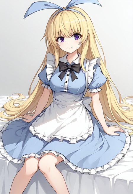 score_9, score_8_up, score_7_up, source_anime, AliceSisterBS2, 1girl, long hair, solo, blonde hair, dress,  apron, bow, purple eyes, ribbon, short sleeves, hair ribbon, blue ribbon, blue dress, looking at viewer, puffy sleeves, puffy short sleeves, bowtie, white apron, very long hair, black bow, medium breasts, <lora:Alice Sister BS2 xl pony:0.8>, gray background, gradient background, sitting, hips, thighs, sitting on the bed, smile