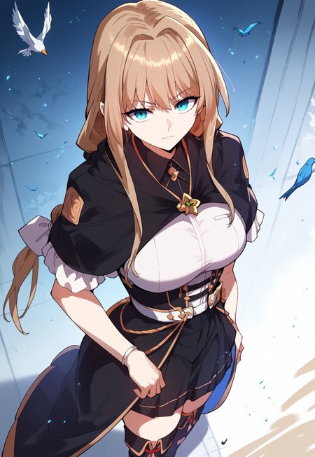 zPDXL3, score_9_up, score_8_up, score_7_up, (Anime_source), 1girl, RRinHoshigane, blue yes, light brown hair, long hair, singe braid, Hoshigane clothes, cowboy shot, from above, dutch angle, looking at viewer, particles, birds, 
