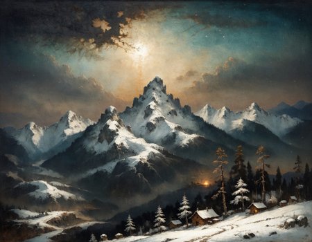 masterpiece, best quality, ultra-detailed,  elegant, snowy landscape, mountains, pine trees, distant, dusk,  <lora:add-detail-xl:0.7> <lora:xl_more_art-full_v1:0.7>  <lora:sdxl/nicola_samori_dark_art_style:0.7> in the style of Nicola Samori