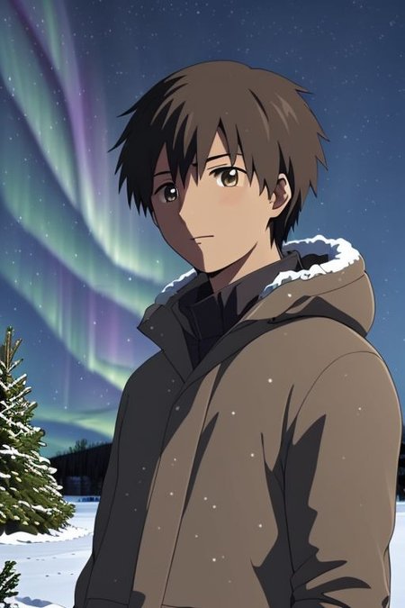 high resolution, solo, best quality, 1Boy, Takaki Toono, Brownish Hair, Brown Eyes, winter, Northern Lights, Stargazing, OverallDetail