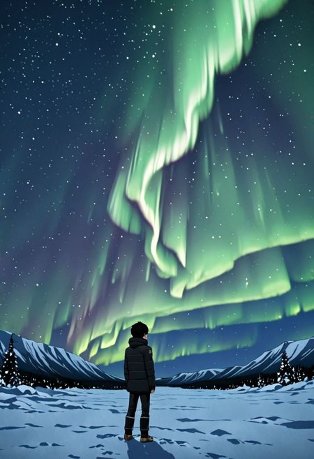 high resolution, solo, best quality, 1Boy, Seiya Kanie, black hair, short hair, thin, winter, Northern Lights, Stargazing, OverallDetail