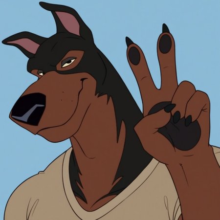 score_9, score_8_up, score_7_up, Expressiveh, masterpiece, best quality, highly detailed, realistic,  1boy, solo, (BusterLT, furry, anthro, canine, doberman, black eyes, black nose, black body, black fur, brown body, brown fur, two tone body, two tone fur, pink inner ear, clothed, tan shirt, muscular male), upper body, blue background, simple background, closed mouth, smile, looking at viewer, (peace sign, claws, 4 fingers)