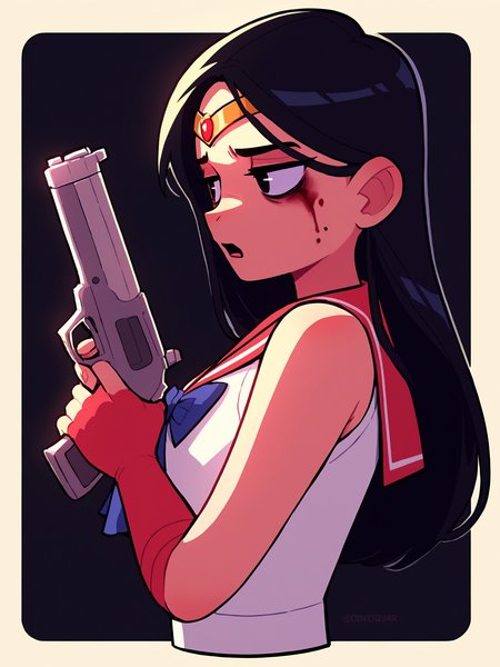 score_9, score_8_up, score_7_up, score_6_up, score_5_up, score_4_up, rating_safe
BREAK
sailor mars, circlet, black hair, black eyes, looking away, tired, half-closed eyes, bags under eyes, sigh, open mouth, looking down, blood on face, blood splatter,
BREAK
solo, portrait, magical girl, red serafuku, from side, (holding gun, handgun:1.2), blood on weapon, adjusting hair,
BREAK
black background, <lora:Lunas-Gaziter-SDXL-A1:1>