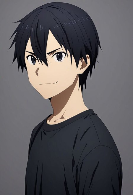 high resolution, professional photography, best quality, 1Boy, Kirigaya Kazuto, Black Hair, Black Eyes, dark t-shirt, ID Photo Style, looking at viewer, focused gaze forward, plain background, straight body, head upright, angry, smile, overalldetail