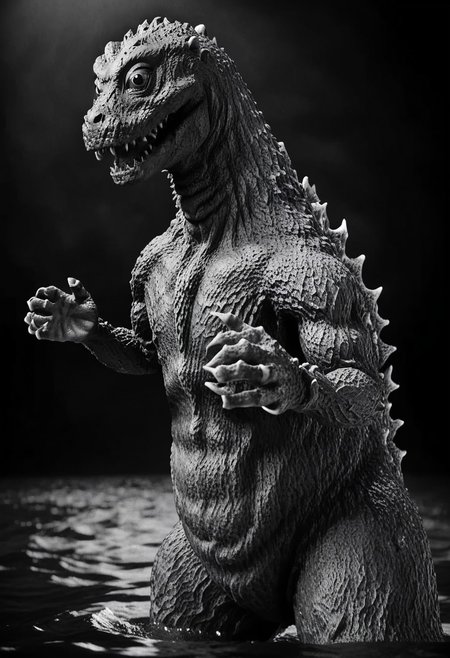 solo,kaijuu,greyscale,monochrome,no humans,ocean,monster,night, monster poking head out of water,no pixel, no bugs,charcoal gray,creepy, close up