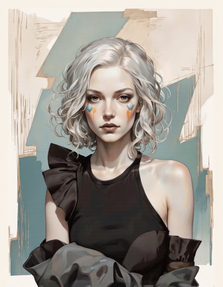 By JoFoGriGreToc. A digital illustration shoot from a portrait camera angle about a portrait of a woman with striking features and a serious expression, set against an abstract background with abstract shapes and lines. the image also shows a woman in the middle of the image, who appears to be in her early twenties, with a light skin tone and a slim body, wearing a black sleeveless shirt with ruffled sleeves and a black jacket. she has short, wavy, silver hair that falls down her back, and her hair is styled in a messy, messy manner. her eyes are a striking brown color, and she is looking directly at the viewer with a neutral expression. her lips are painted with dark lipstick, and there are subtle orange and green markings on her face, adding a touch of color to her otherwise monochromatic appearance. the background is a blend of light beige and teal tones, with abstract lines and shapes that create a sense of depth and texture. overall, the image has a high-quality, realistic style with a focus on texture and detail, making it a visually striking piece of art.