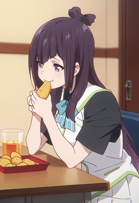masterpiece, best quality, amazing quality, very aesthetic, absurdres,

1girl, solo, Beach Angels A, long hair, multicolored hair, gradient hair, black hair, purple hair, hair knot, purple eyes, 

school uniform, black shirt, white vest, short sleeves, blue bowtie, white skirt, pleated skirt, frilled skirt, 

Smile, munching, eating, grabbing a snack, sit, table, snack on table, glass of juices, 

anime coloring, 

kyoto animation,

